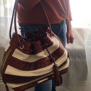 Brahmin leather drawstring croco-straw mix bag